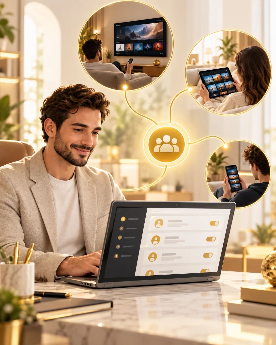 A reseller managing customer subscriptions for viewers using TVs, tablets and phones
