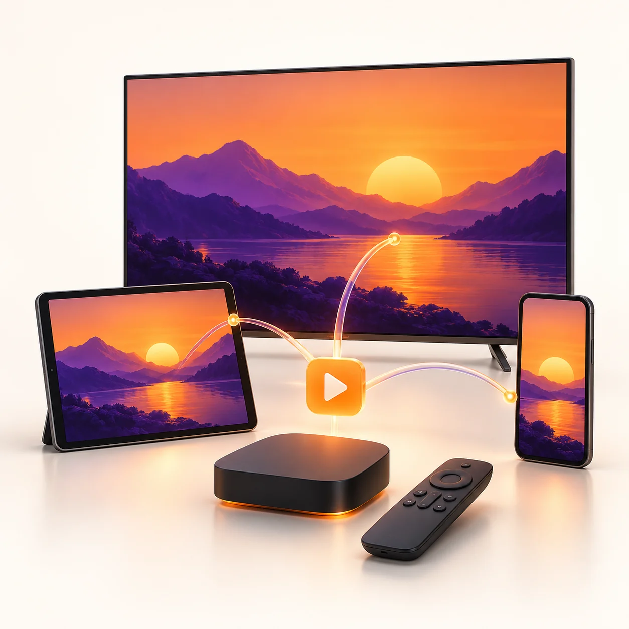 Television, tablet, smartphone and streaming box displaying an orange and purple landscape.