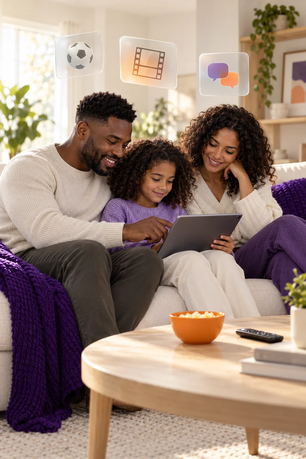 Family choosing what to watch together on a tablet.