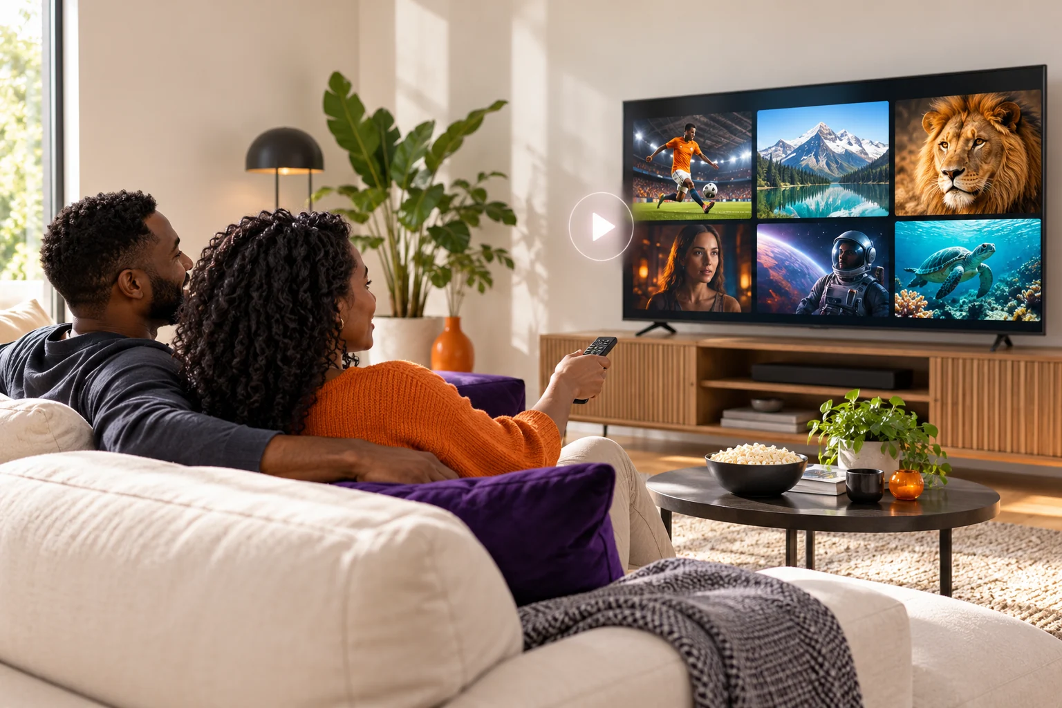 Couple checking programmes on their television at home.