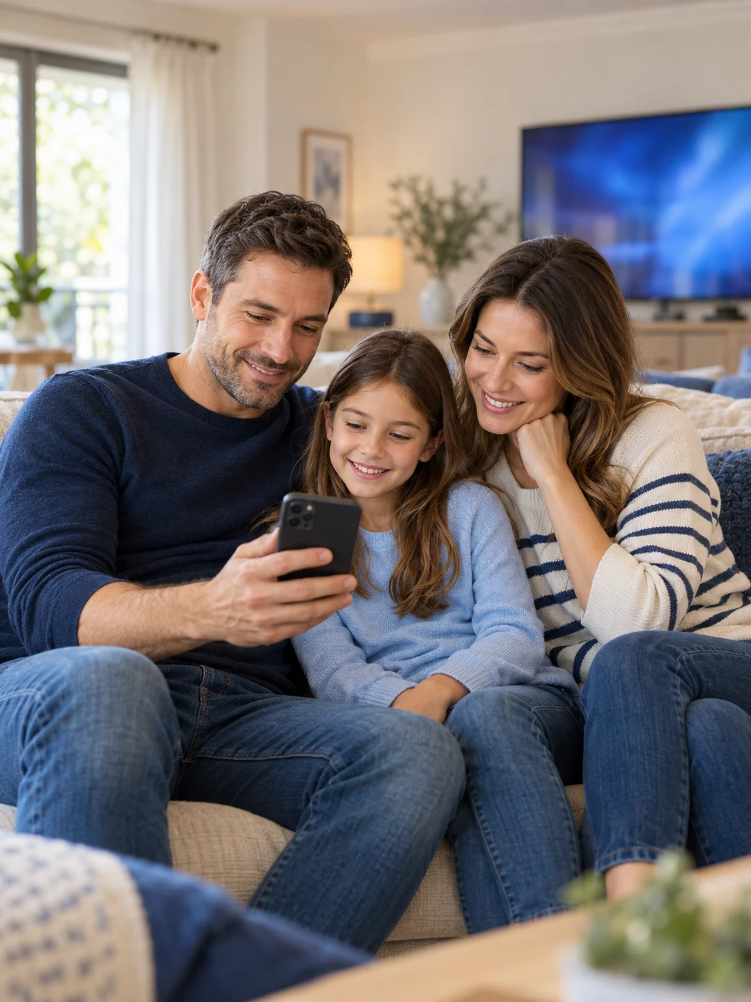Parents and their child choosing entertainment together on a smartphone