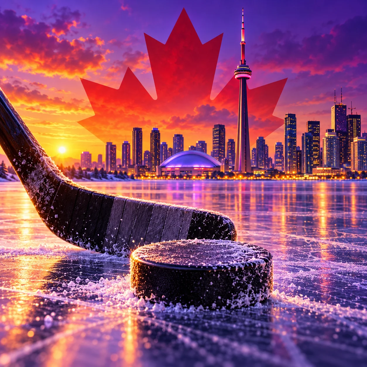 Ice hockey stick and puck with Toronto's skyline