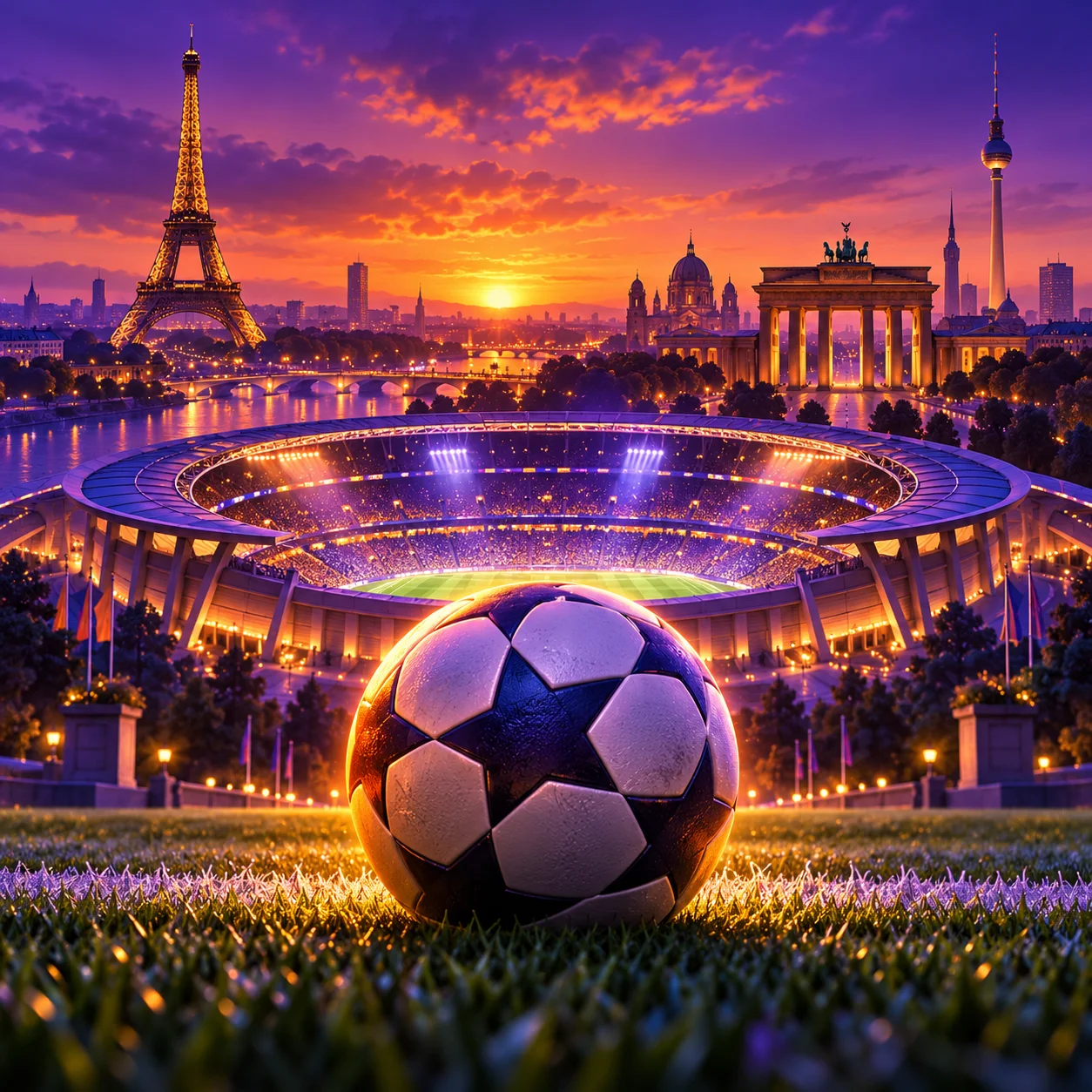 European football stadium with Paris and Berlin landmarks
