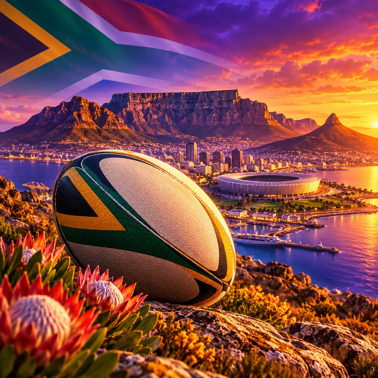 Rugby ball with Cape Town's Table Mountain and stadium