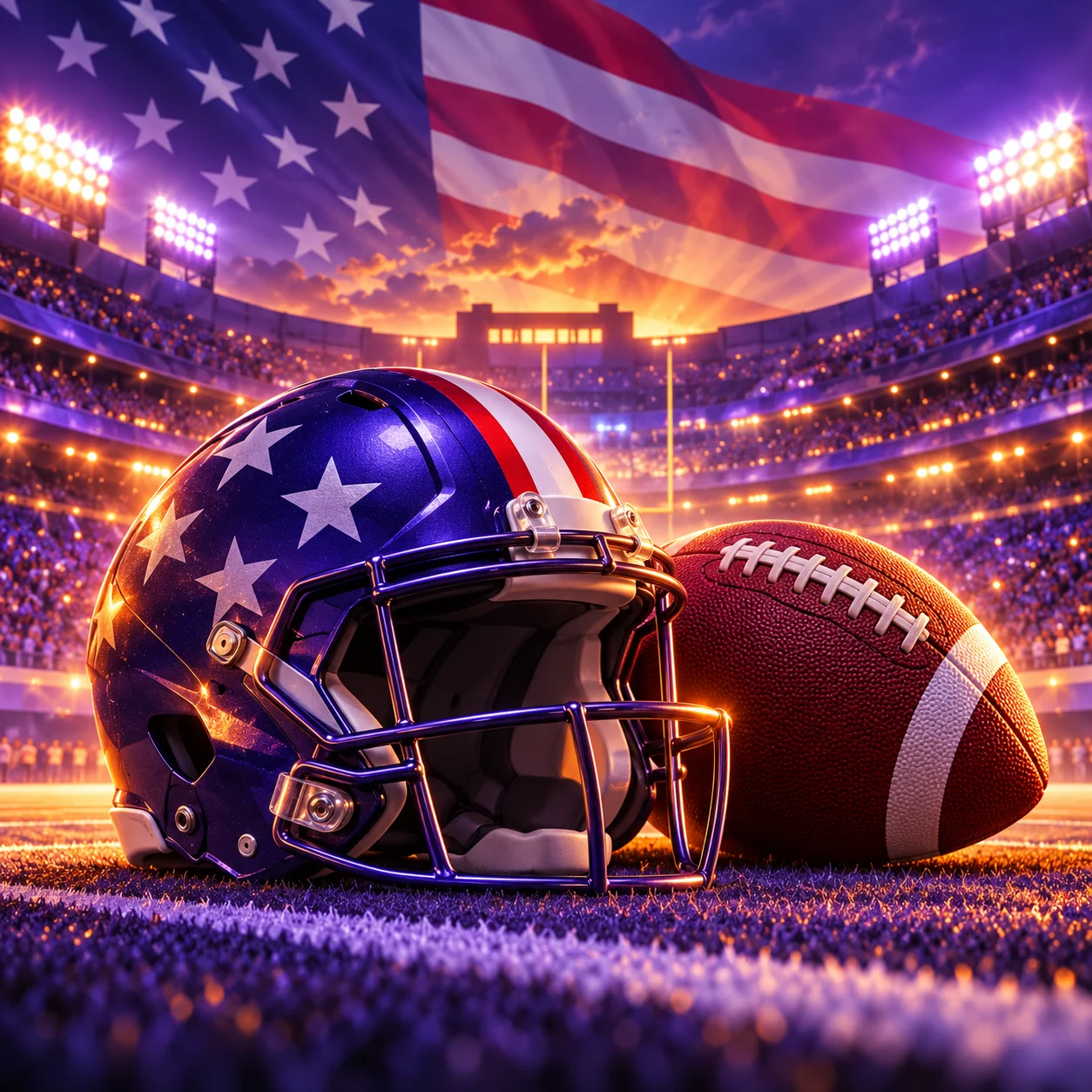 American football helmet and ball in a US stadium